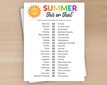 Sommer dies oder das Spiel druckbar, Sommer Urlaub Aktivität, Sommer Party, Eisbrecher, Instant Download