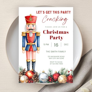 May include: A Christmas party invitation featuring a watercolor illustration of a nutcracker soldier. The invitation includes text that reads "Let's Get This Party Cracking" and details for the event, including the date, time, and RSVP information.