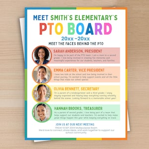 Bearbeitbar Treffen Sie die PTO Board Flyer Vorlage, Back to School PTO Board Einführungsblatt, PTA Team, Volunteer, digitaler Download