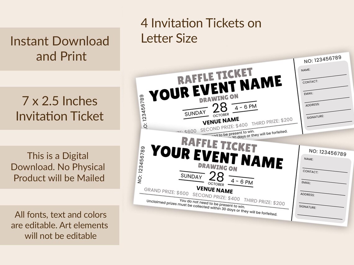 Raffle Ticket Template, Printable DIY Event Ticket, Editable Ticket ...