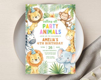 Calling All Party Animals Birthday Invitation, Safari Party Printable, Editable Birthday Party Invite, Jungle Animals, Zoo, Digital Download