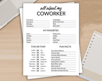 Tutto sul mio collega stampabile, rompighiaccio in ufficio, sondaggio di team building, presentazione del collega, conoscersi meglio, download immediato