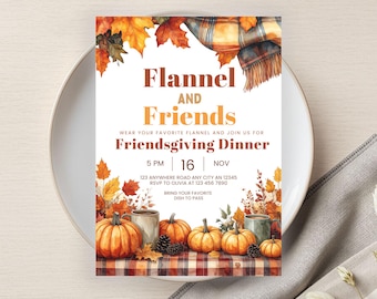 May include: A Friendsgiving dinner invitation with a watercolor design. The invitation features the text "Flannel and Friends" with fall leaves, pumpkins, and a plaid pattern. The date and time are displayed, along with RSVP information.