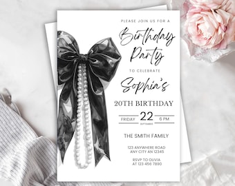 Black Bow and Pearls Birthday Invitation, Printable DIY Party, Minimalist Coquette Black Bow Birthday Party Invite, Black Ribbon Invite
