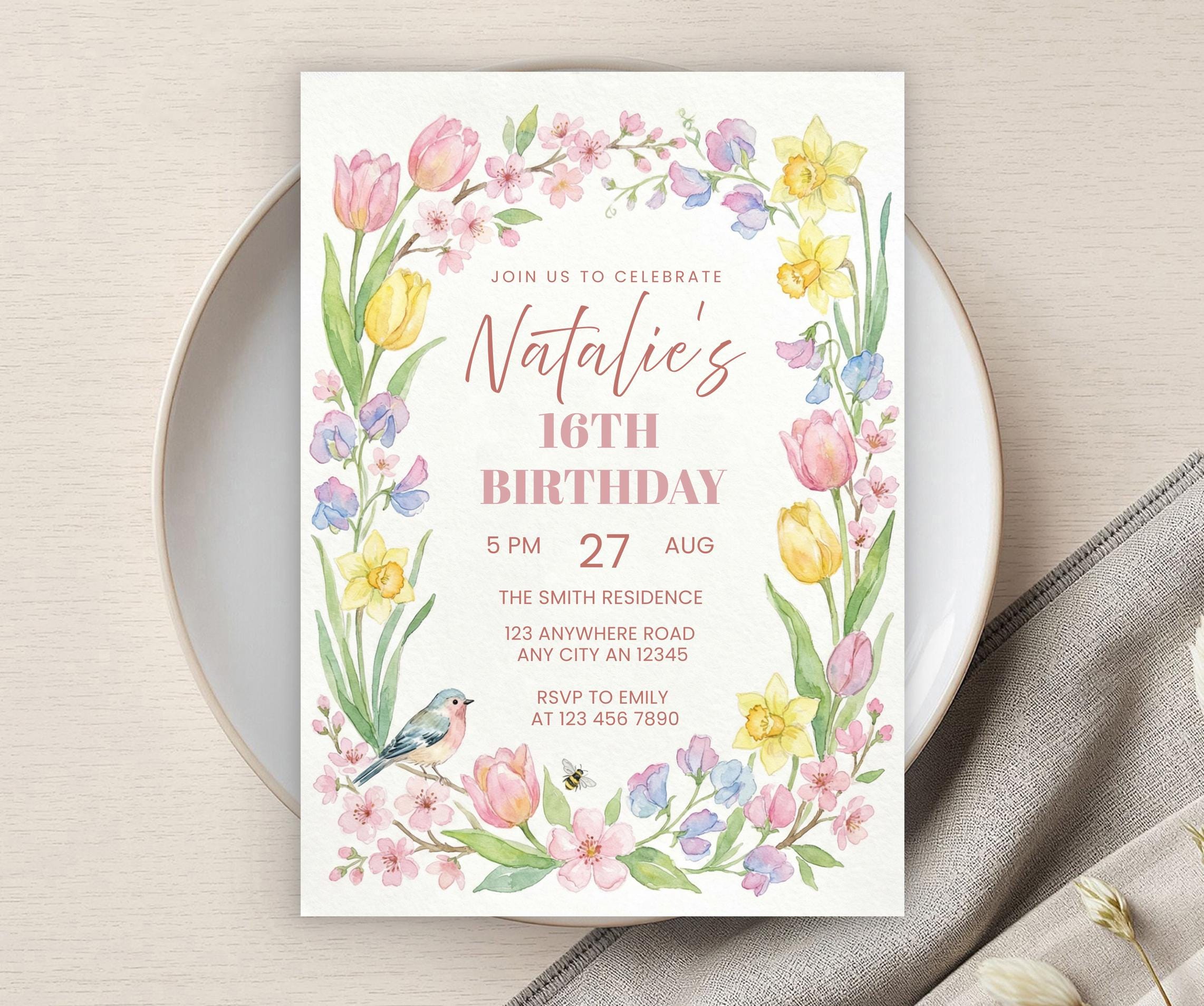 Spring Floral Party Birthday Invitation, Printable DIY Party, Flowers ...