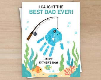Father's Day Handprint Printable, Fishing Handprint Craft Keepsake for Kids, Art Activity, I Caught the Best Dad Ever, Gift for Dad