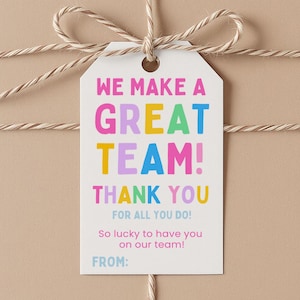 May include: A white rectangular gift tag with a hole at the top, featuring the colorful text WE MAKE A GREAT TEAM! THANK YOU FOR ALL YOU DO! So lucky to have you on our team! FROM: in pink, yellow, blue, green, and purple lettering.