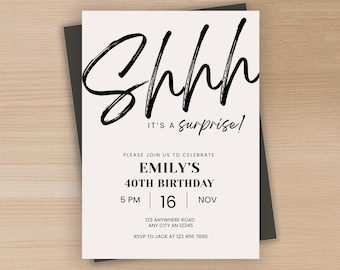 Shhh It's a Surprise Birthday Invitation, Party Printable, Minimalist Modern Birthday Invite, Editable Birthday Party Invite, Surprise Party