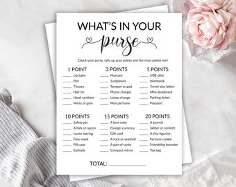 What&#39;s in Your Purse Bridal Shower Game Printable, Fun Wedding Game, Scavenger Hunt Printable, Bridal Game for Guests, Instant Download