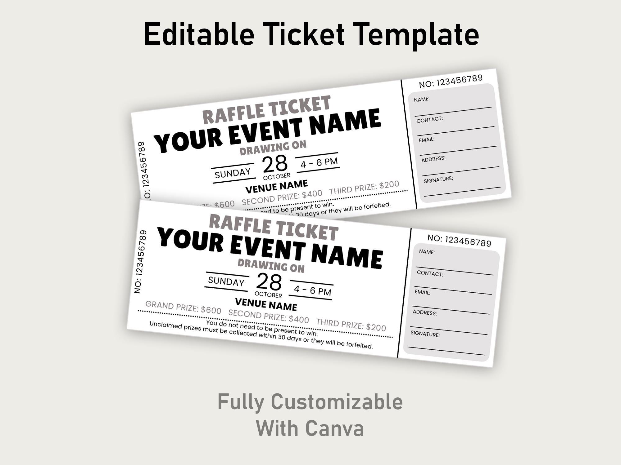 Printable Editable Raffle Tickets Raffle Ticket Template, Printable DIY Event Ticket, Editable Ticket ...