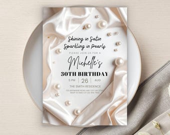 Perlen und Satin-Geburtstagseinladung, elegante moderne Glam-Party druckbare, bearbeitbare Perlen-Geburtstagsfeier einladen, digitaler Download