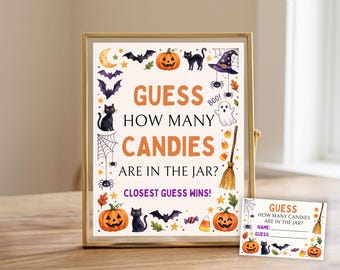 May include: A Halloween-themed sign in a gold frame and a matching small card. The sign reads GUESS HOW MANY CANDIES ARE IN THE JAR? CLOSEST GUESS WINS! It features illustrations of pumpkins, black cats, bats, a ghost, a witch hat, and candy corn.