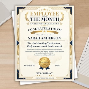 May include: An Employee of the Month award certificate featuring navy blue and gold text on a cream background. The document includes the name Sarah Anderson, a gold winner seal, and decorative borders with laurel leaf motifs and stars.