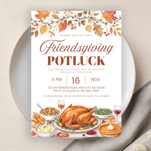 Friendsgiving Potluck Invitation Template, Editable Thanksgiving Party Invitation, Fall, Friends Gathering, Reunion, Digital Download