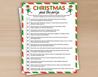 May include: A printed Christmas party game titled "Christmas Pass the Prize." The game features a list of prompts to pass a prize to the person who best fits the description. The design includes red and green stripes and elf illustrations.