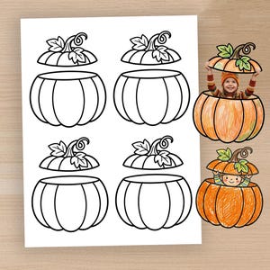 May include: A printable activity sheet featuring four black and white line art pumpkin outlines with separate lids. To the right, two colored examples show a child and a cartoon character emerging from inside the pumpkins, lifting the lids.