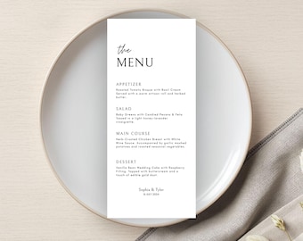 Minimalistische dinermenusjabloon, bewerkbaar modern menu voor bruiloft, klassiek elegant menu, tafeldecor, menukaart, direct downloaden