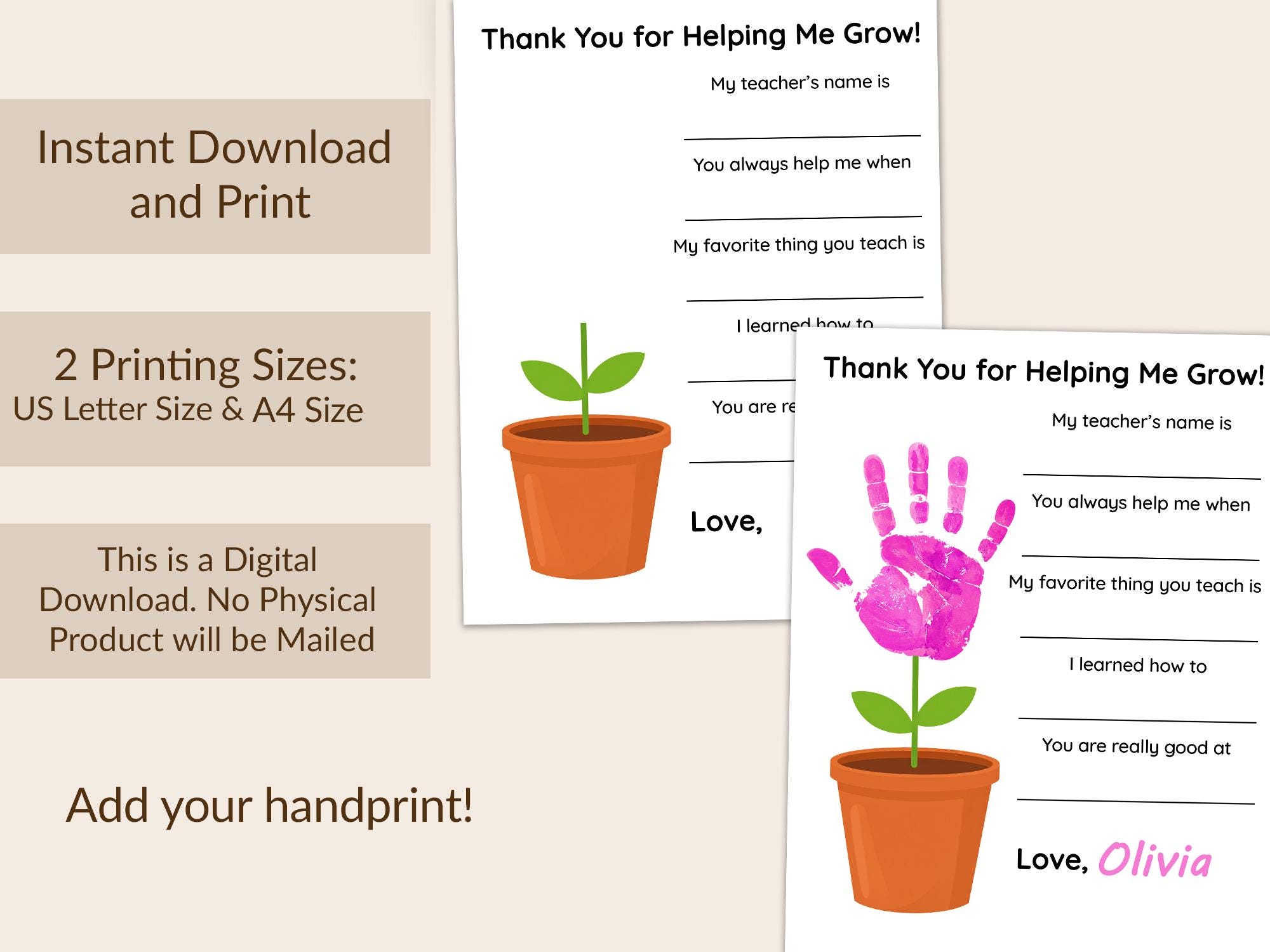 Teacher Appreciation Handprint Printable, Craft Keepsake for Kids, Art ...