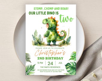 Dinosaur Birthday Invitation, Party Printable, Editable 2nd Birthday Party Invite, Little Dino, Chomp Stomp Roar, Digital Download