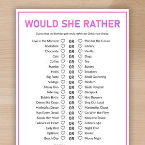 Peut inclure: Un jeu de société imprimable intitulé « Would She Rather » avec une bordure rose et violette. Le jeu propose une liste de choix, tels que « Vivre l'instant présent » ou « Planifier l'avenir », pour que les joueurs puissent choisir. Parfait pour une fête d'anniversaire.