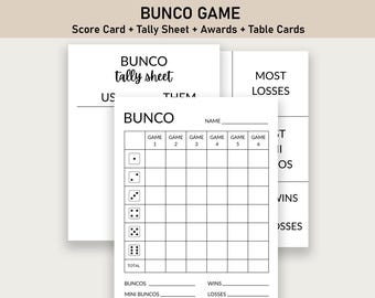 May include: A set of white Bunco game sheets. The top sheet reads "BUNCO GAME" and includes a score card, tally sheet, awards, and table cards. The main sheet is a score card with spaces for game scores and totals.
