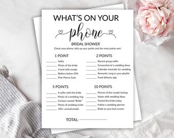 What&#39;s on Your Phone Bridal Shower Game Printable, Fun Wedding Game, Scavenger Hunt Printable, Bridal Game for Guests, Instant Download
