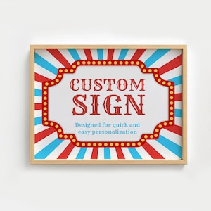 May include: A rectangular sign in a light wood frame featuring a red and blue sunburst pattern. The center has a white scalloped border with red dots, displaying the red text CUSTOM SIGN and the blue text Designed for quick and easy personalization.