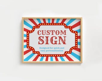 May include: A rectangular sign in a light wood frame featuring a red and blue sunburst pattern. The center has a white scalloped border with red dots, displaying the red text CUSTOM SIGN and the blue text Designed for quick and easy personalization.
