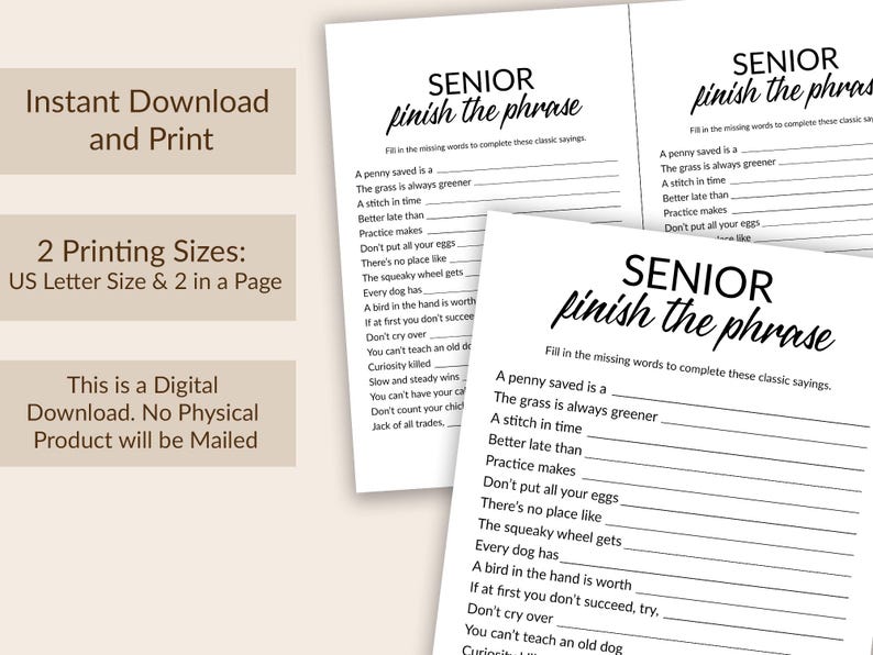 Senior Finish the Phrase Game, Games for Seniors, Elderly Care, Senior