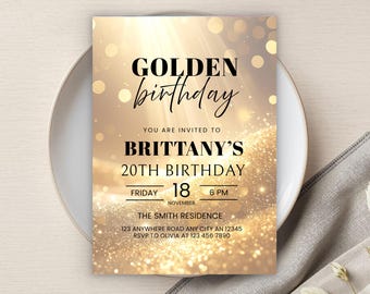 Golden Birthday Invitation, Printable DIY Party, Gold Glitter, Glam Glitter Invite, Editable Birthday Party Invite