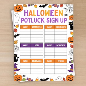 May include: A Halloween potluck sign-up sheet featuring a white background with a border of pumpkins, ghosts, black cats, bats, spiderwebs, and candy corn. The text reads HALLOWEEN POTLUCK SIGN UP with sections for name, appetizers, main dishes, sides, desserts, beverages, and others.