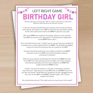 Könnte beinhalten: Ein druckbares Geburtstagsspiel mit dem Titel "Left Right Game Birthday Girl" mit rosa und lila Akzenten. Die Anweisungen und die Geschichte des Spiels sind auf weißem Hintergrund gedruckt.