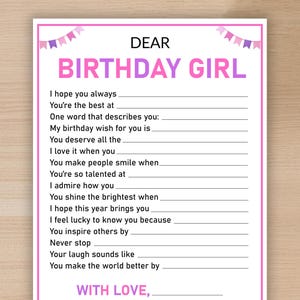 Wishes for Birthday Girl Printable, Birthday Game, Girls Birthday Party, Party Activity for Girls, Dear Birthday Girls, Instant Download