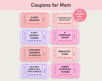 Muttertags-Gutscheinvorlage, druckbares Geschenk, DIY bearbeitbarer Geschenkgutschein für Mama, sofortiger Download, personalisiertes Couponbuch, Geburtstagsgeschenk