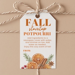 Op de afbeelding: Een wit rechthoekig cadeaulabel met een gat aan de bovenkant, voorzien van de oranje tekst FALL stovetop POTPOURRI. Het label bevat instructies voor het sudderen van ingrediënten en een aquarelillustratie van sinaasappelschijfjes, kaneelstokjes en rozemarijn.
