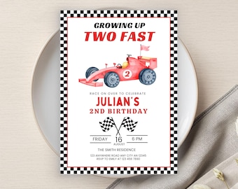 Twee snelle verjaardagsuitnodiging, bewerkbare uitnodiging voor 2e verjaardagsfeestje, raceautothema, racewagen, opgroeien twee snel, digitale download