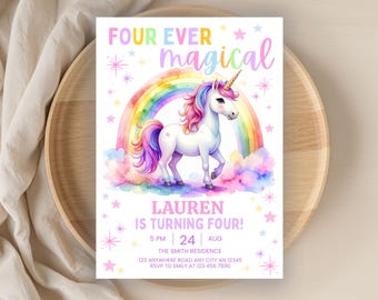 Unicorn Birthday Invitation, Four Ever Magical, Pastel Rainbow Party Printable, Editable Birthday Party Invite, Digital Download