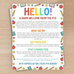 May include: A white flyer with a colourful border of apples, pencils, books, and stars. The text reads: HELLO! A WARM WELCOME FROM THE PTO. It includes sections titled WHAT WE DO, GET INVOLVED, and STAY CONNECTED, ending with WITH APPRECIATION, YOUR PTO BOARD.