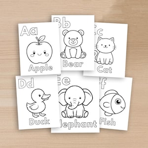 May include: A set of six white rectangular coloring pages featuring black line art illustrations of the alphabet. Each card displays a letter, a corresponding animal or object, and its name: Aa Apple, Bb Bear, Cc Cat, Dd Duck, Ee Elephant, and Ff Fish.