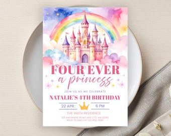 Four Ever A Princess Birthday Invitation, Princess Birthday Party Printable, Editable 4th Birthday Party Invite, Castle, Digital Download