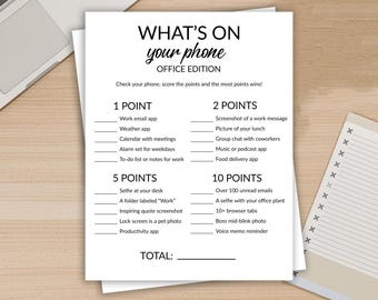 Büro, was ist auf Ihrem Telefon Spiel, druckbare Eisbrecher für Arbeit, Team Building Aktivität, Spaß Mitarbeiter Spiel, Gruppenaktivität, Sofort Download