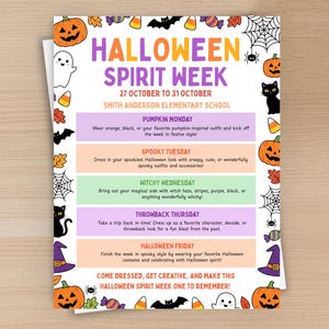 May include: A white flyer titled HALLOWEEN SPIRIT WEEK 27 OCTOBER TO 31 OCTOBER SMITH ANDERSON ELEMENTARY SCHOOL. It features colorful text blocks for each day of the week, surrounded by illustrations of pumpkins, ghosts, bats, and spiders.
