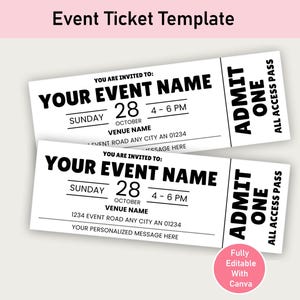 Könnte beinhalten: Zwei weiße Veranstaltungstickets mit schwarzem Text. Die Tickets lauten "IHR VERANSTALTUNGSNAME" und enthalten Datum, Uhrzeit und Veranstaltungsort. Die Tickets sagen auch "ZULASSUNG EINS ALLE ZUGÄNGE".