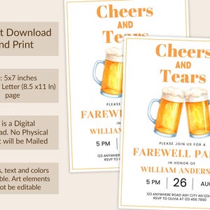 May include: Two farewell party invitations with watercolor beer mugs and the text "Cheers and Tears." The invitations are 5x7 inches and feature event details, including the honoree's name, date, and time.