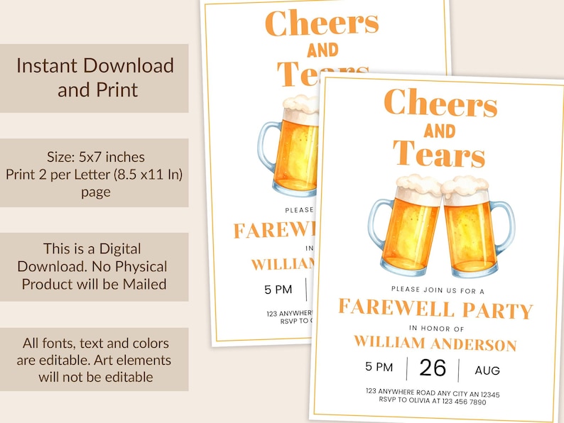 May include: Two farewell party invitations with watercolor beer mugs and the text "Cheers and Tears." The invitations are 5x7 inches and feature event details, including the honoree's name, date, and time.