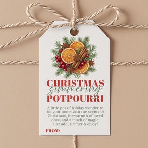 May include: A white rectangular gift tag tied with twine, featuring a watercolor illustration of orange slices, cinnamon sticks, and pine needles. The text reads: CHRISTMAS simmering POTPOURRI. A little pot of holiday wonder... FROM: