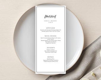 Minimalistische diner bruiloft menusjabloon, bewerkbaar klassiek menu voor bruiloft, modern elegant menu, tafeldecor, menukaart, direct downloaden