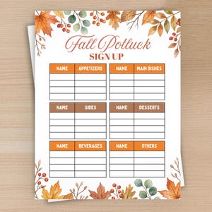 Editable Fall Potluck Sign Up Sheet Template, Fall Party, Fall Autumn Sign Up Form, Office, Family, Friends, Digital Download