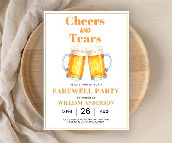 Cheers and Tears Farewell Party Invitation, Office Farewell, Minimalist Moving Away Invite, Editable Party Invite