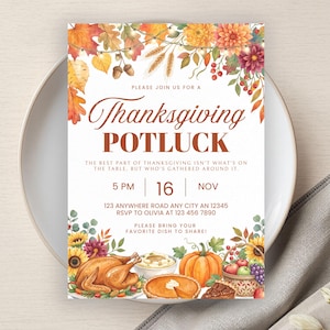 Plantilla de invitación para comida compartida de Acción de Gracias, invitación editable para fiesta de Acción de Gracias, otoño, Friendsgiving, oficina, compañeros de trabajo, descarga digital